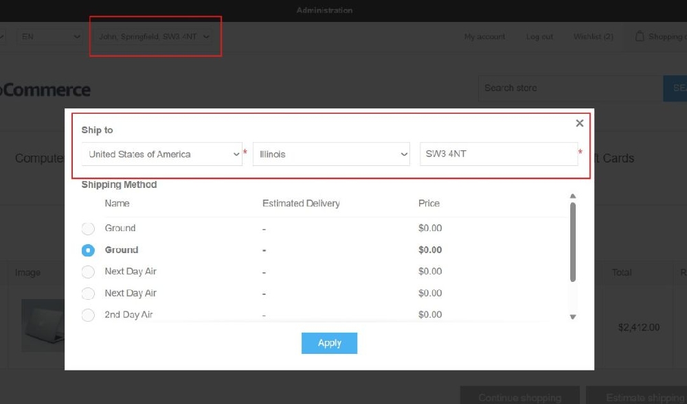  shopping cart page calculated based on the selected address